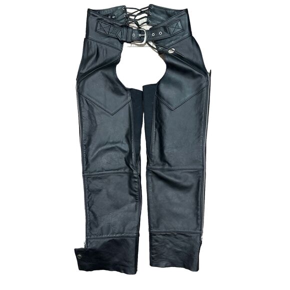 Vintage Harley Davidson Women's Black Leather Riding Chaps USA Made Size Small - Picture 1 of 13